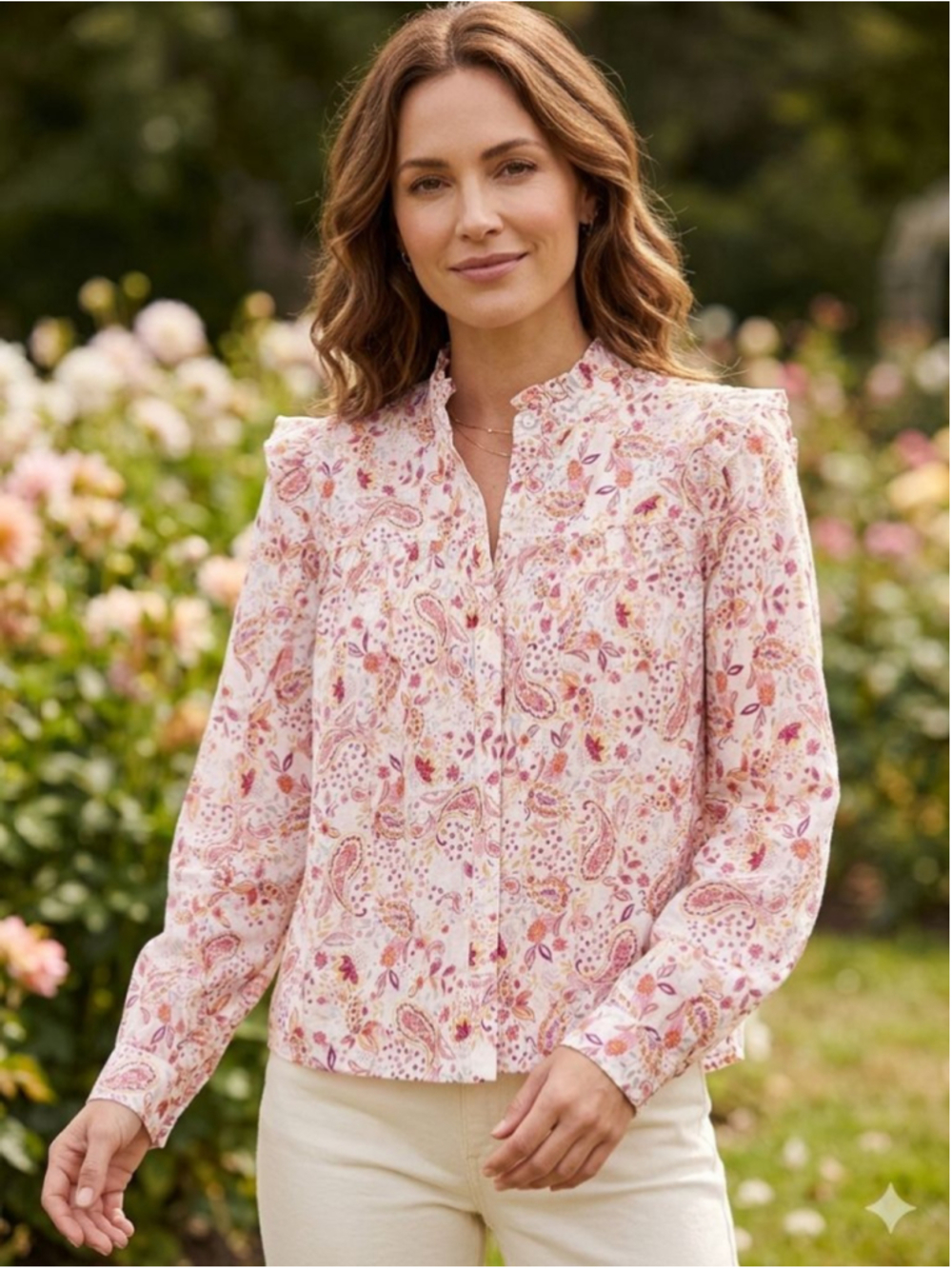 PINCH anthropologie White Pink Paisley prarie high neck Ruffle Blouse XL